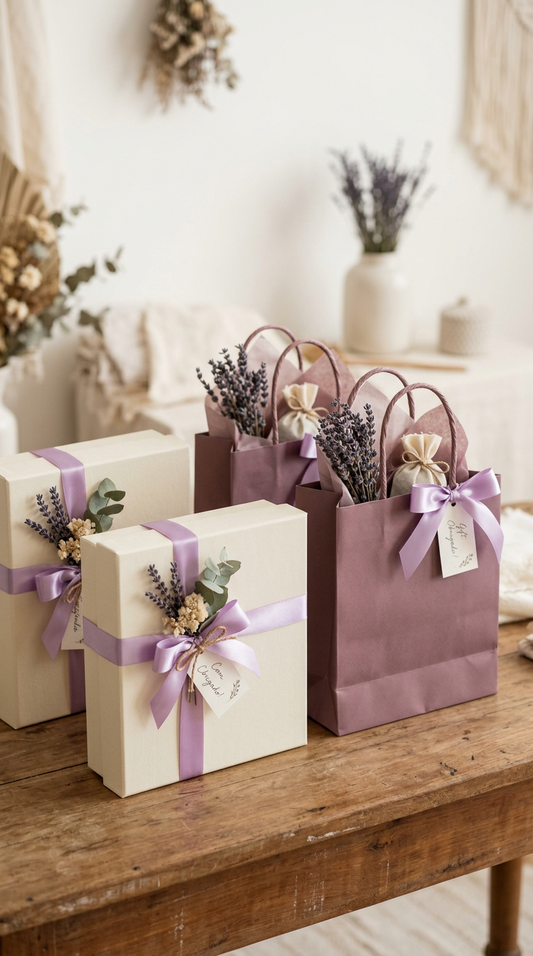 Embalagens personalizadas de presentes para clientes, com laços lilás
