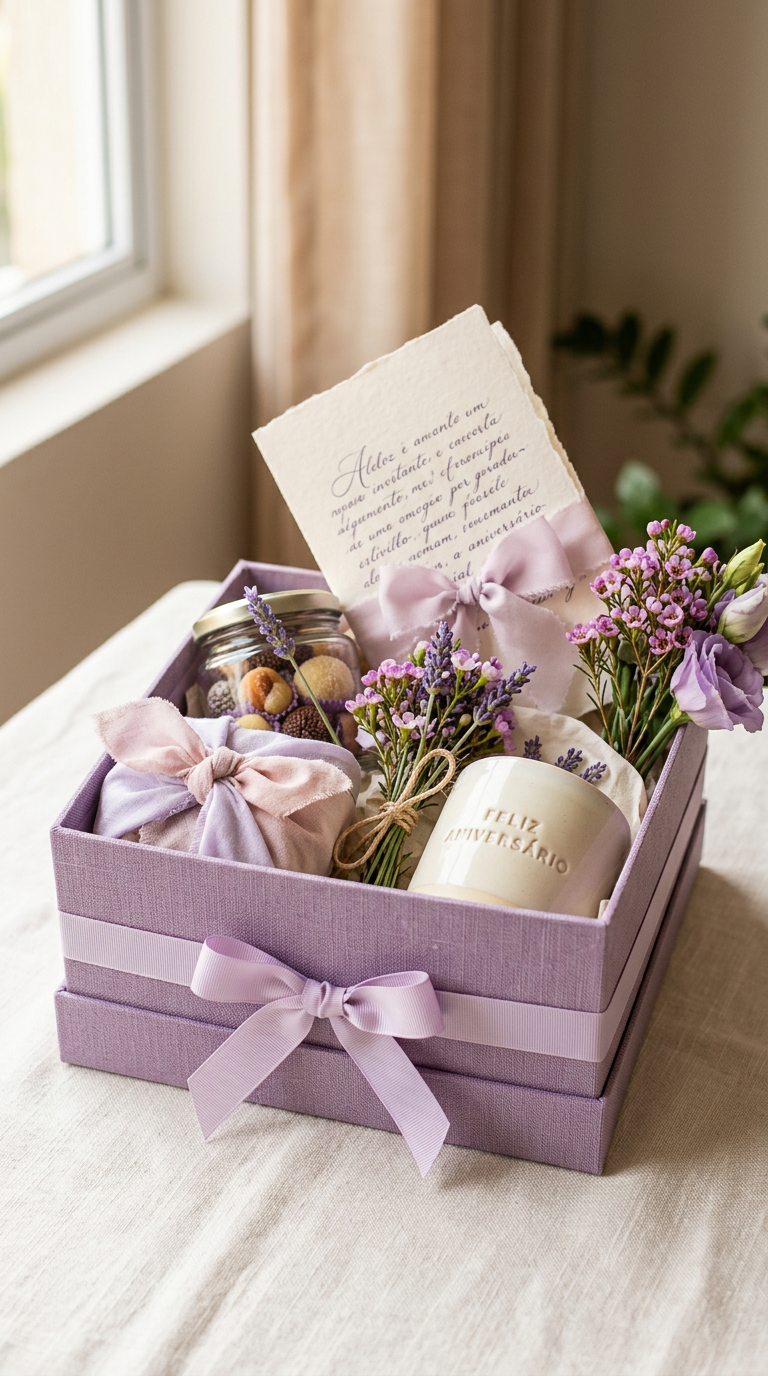 Caixa de presente em tons de lilás, montada com flores e pequenos detalhes especiais
